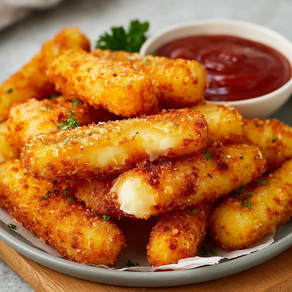 Cheesy potato fingers fresh from the fryer