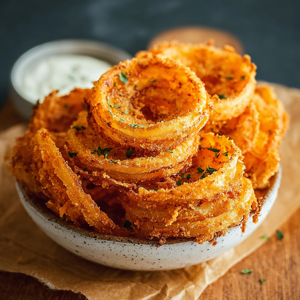 Onion ring chips frying in oil
