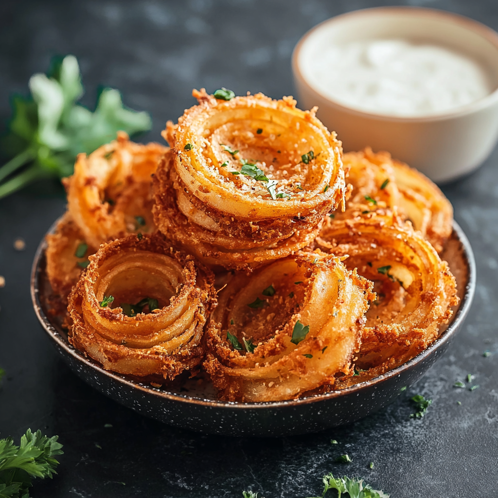 Plated onion ring chips with dipping sauce