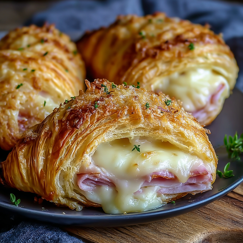 Finished golden croissant with melted cheese inside
