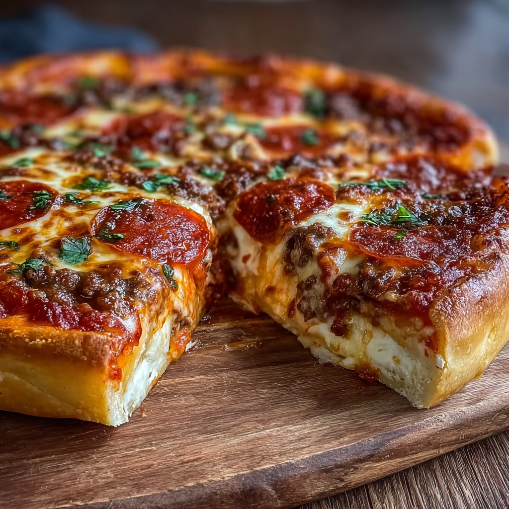 Thick crust pizza close up