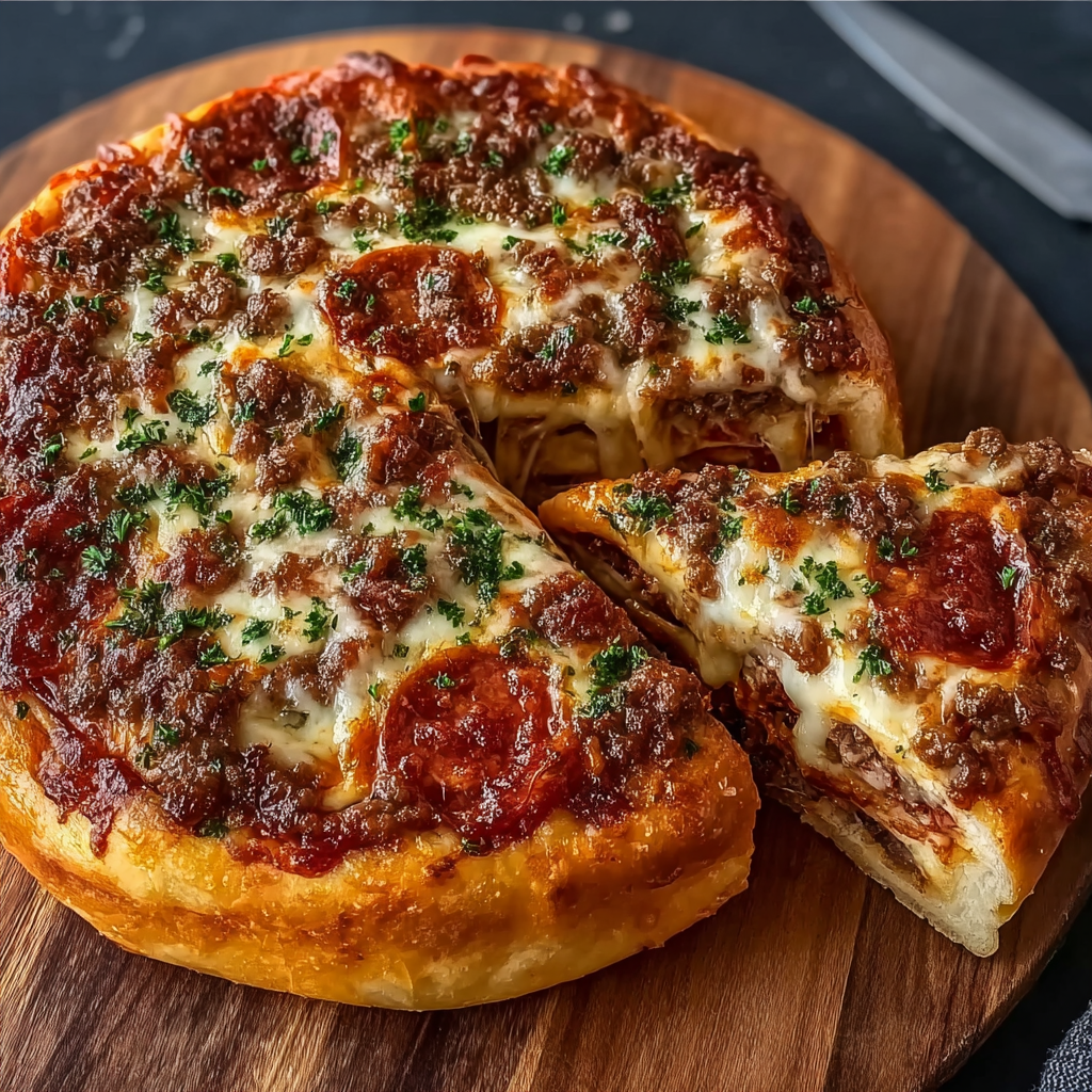 Sliced thick crust pizza on wooden board