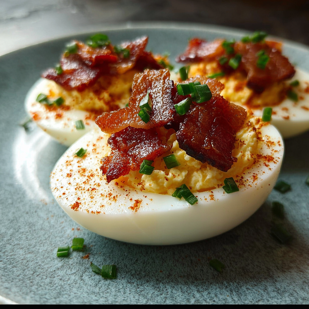 Finished boiled eggs with bacon on a plate