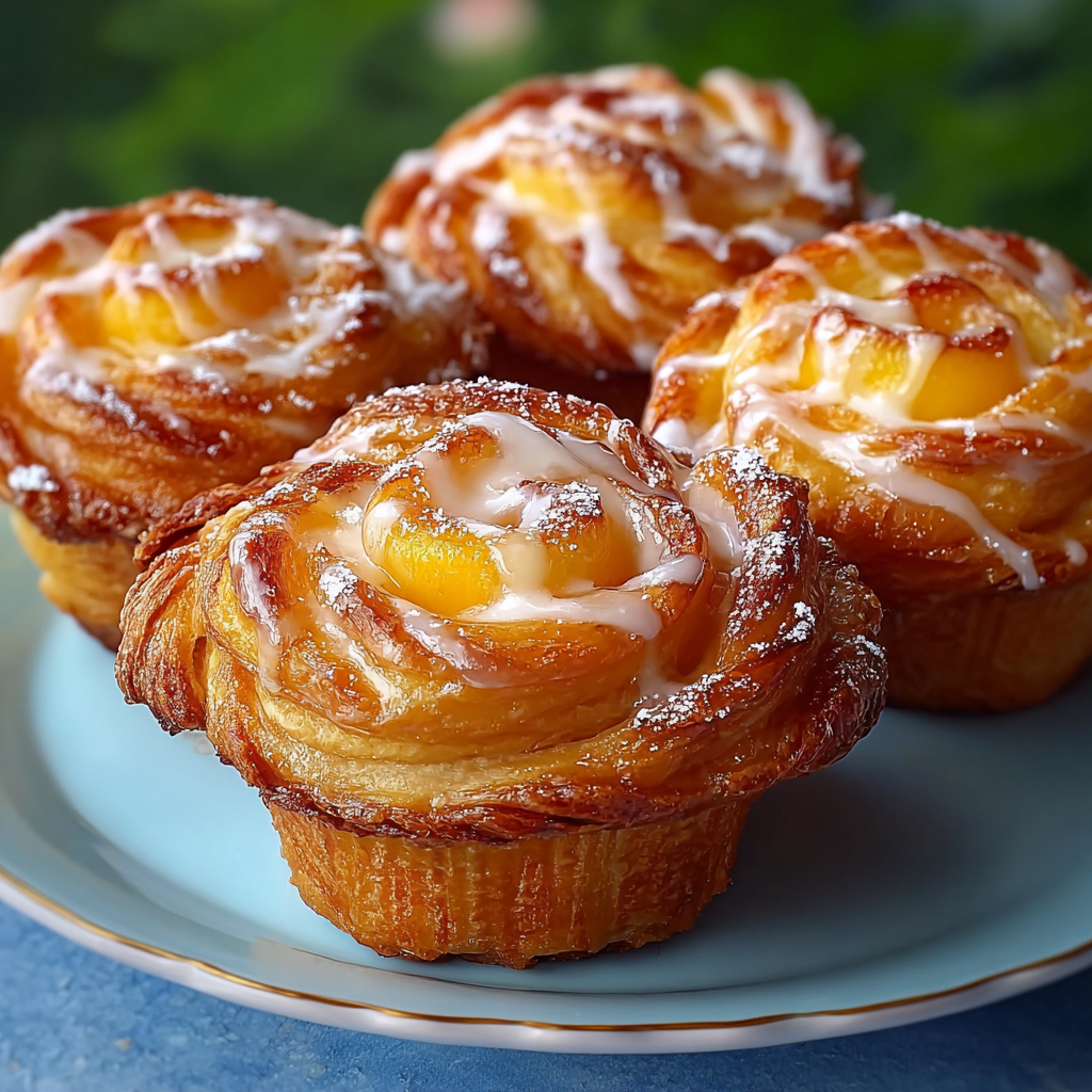 Freshly baked peach pie cruffins arranged in a muffin tin