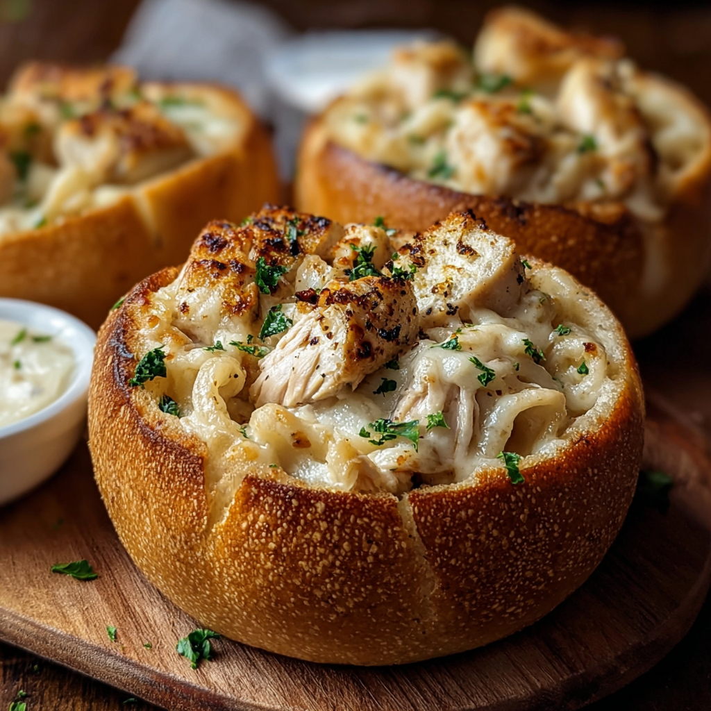 Chicken Alfredo served in toasted Kaiser roll bowls