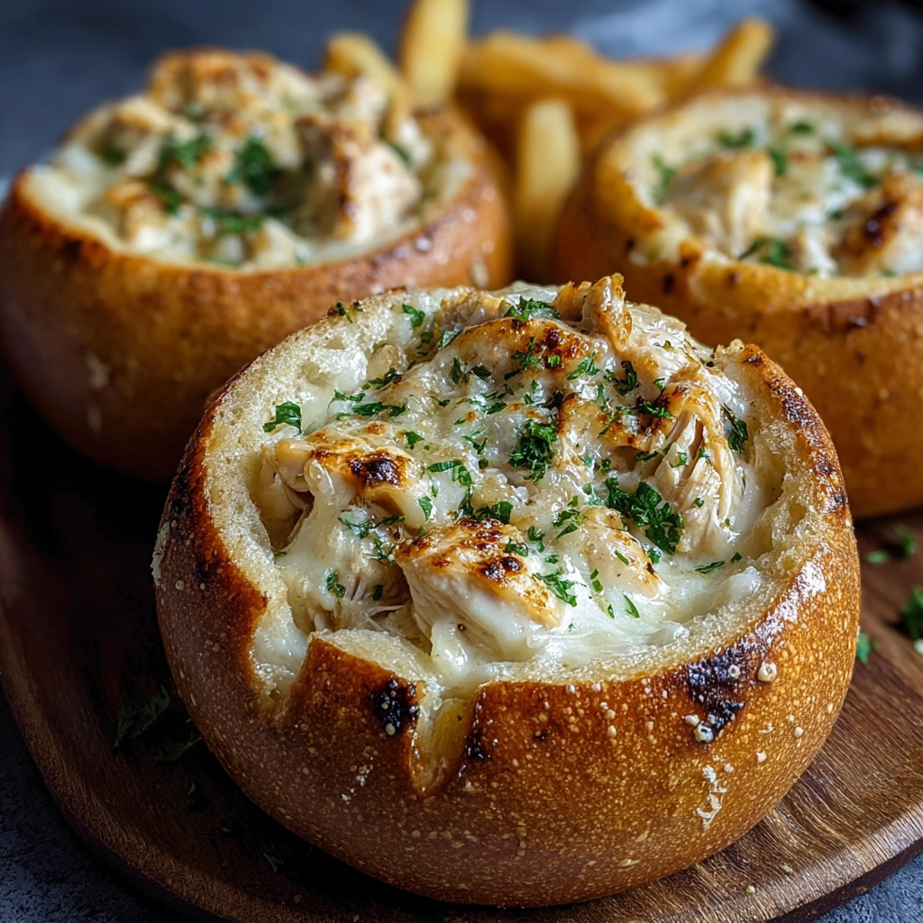 Close-up of melted Parmesan on a garlic bread bowl