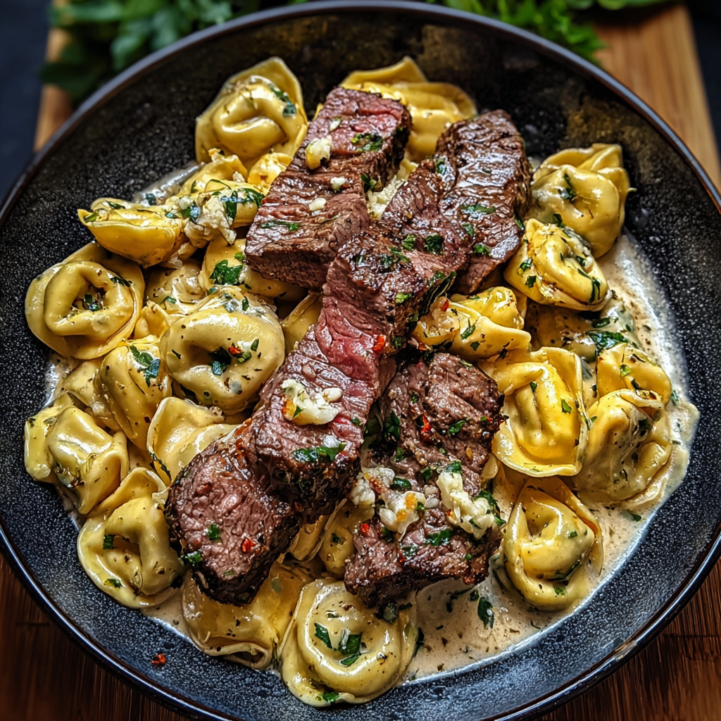 Tortellini Steak Slices with Crushed Garlic
