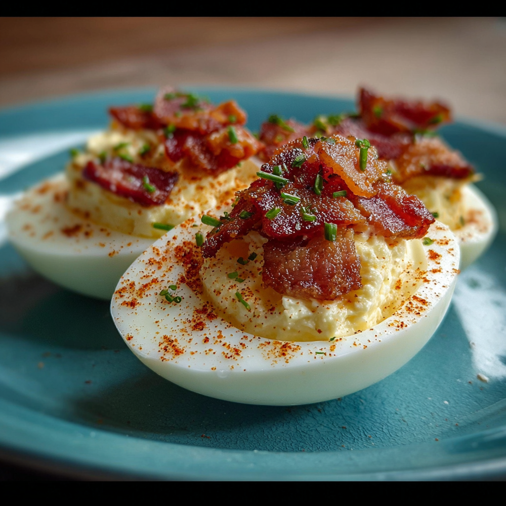 Close-up of egg and bacon mixture garnished with chives