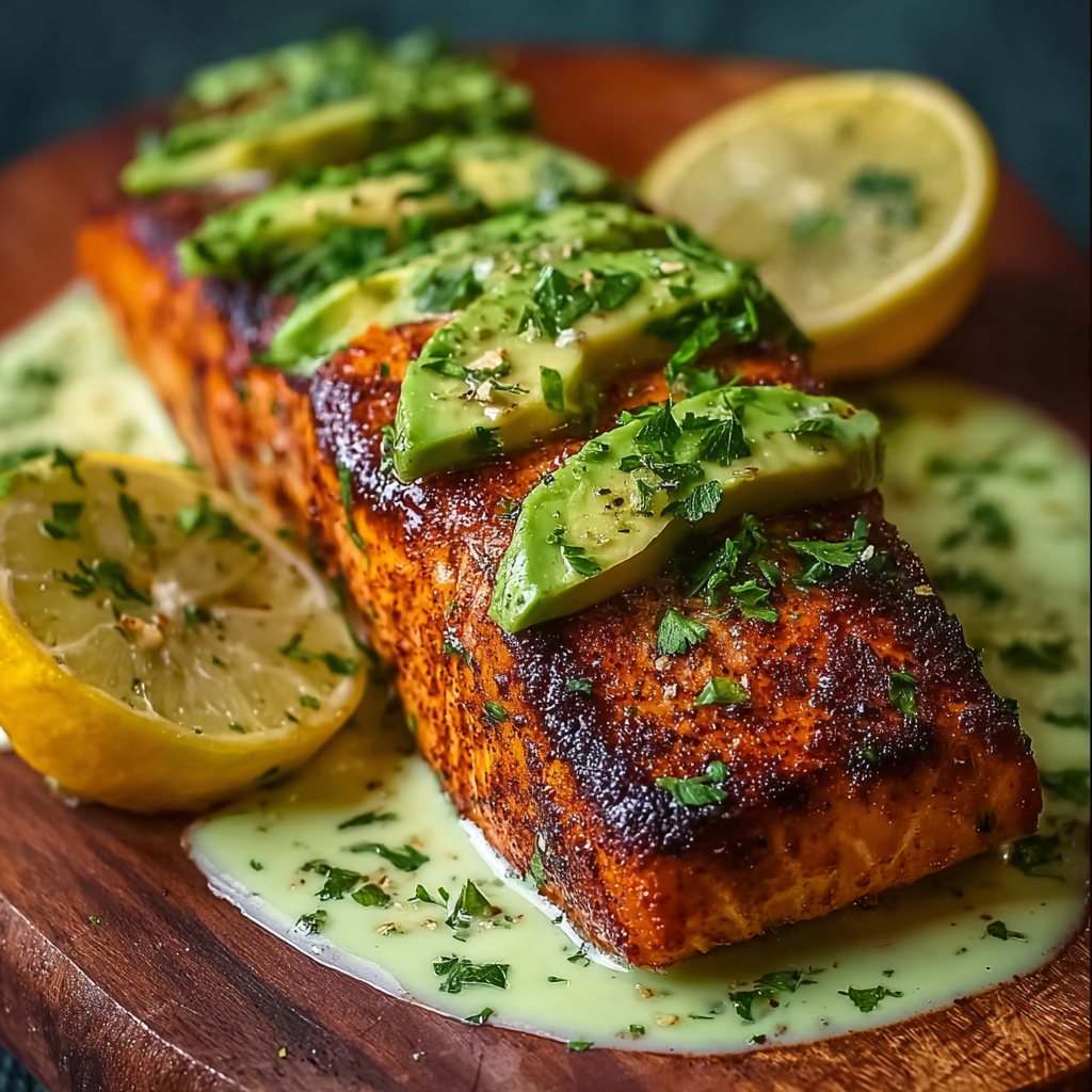 Cajun salmon with avocado lime crema on plate