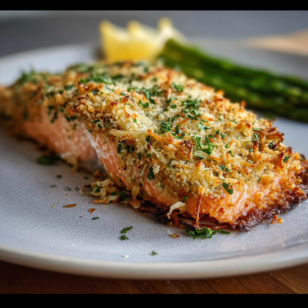 Parmesan crust close up on baked salmon