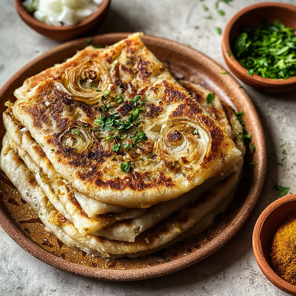 Stack of freshly cooked msemen on a plate