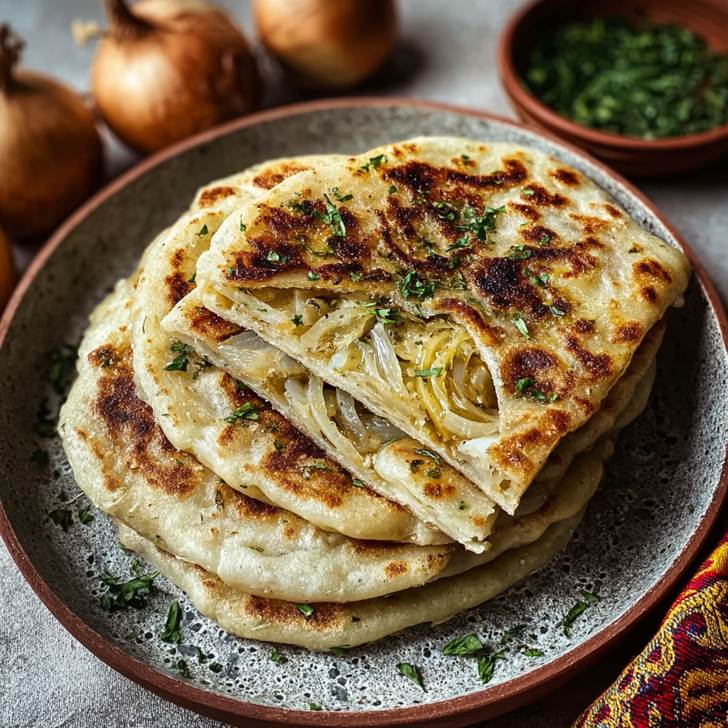 Hands folding a thin sheet of dough around onion filling