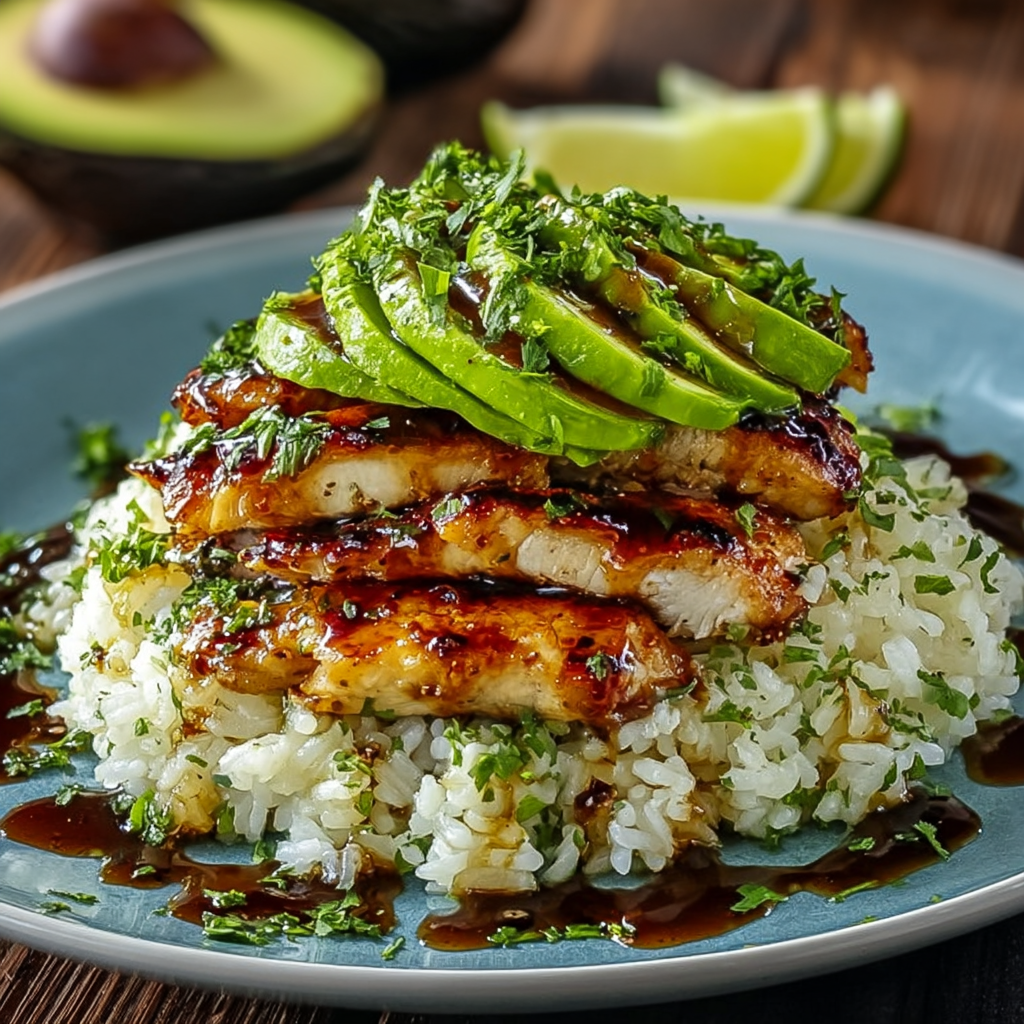 Honey and lemon chicken with avocado rice plated