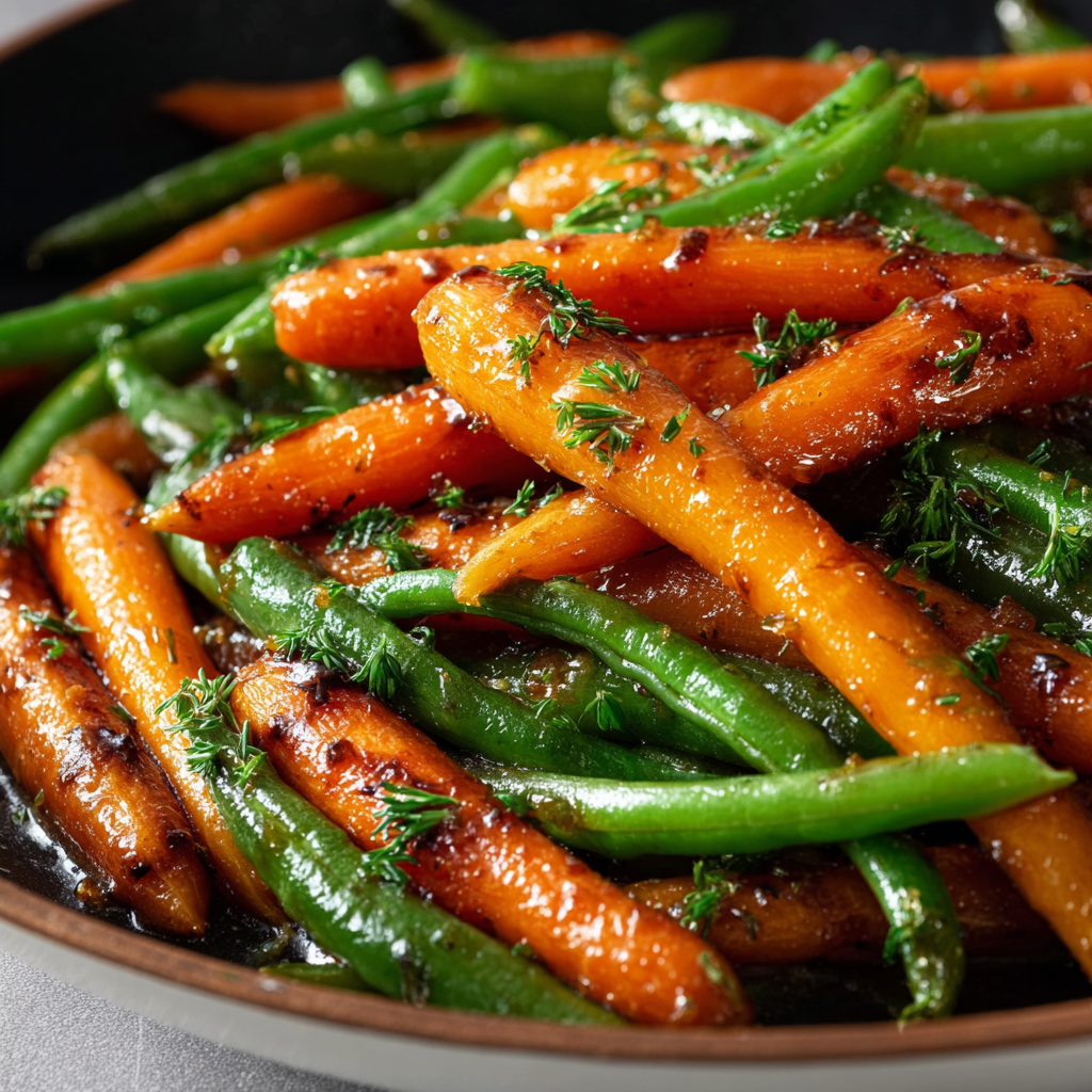 Honey glazed carrots and green beans on a baking sheet
