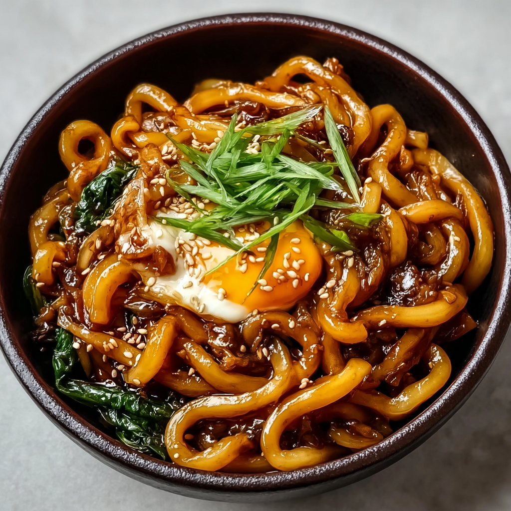 Close-up of udon noodles with vegetables