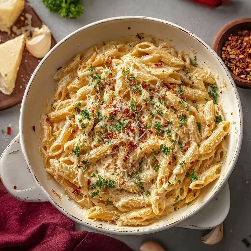 Creamy garlic one pot pasta served in a bowl garnished with parsley