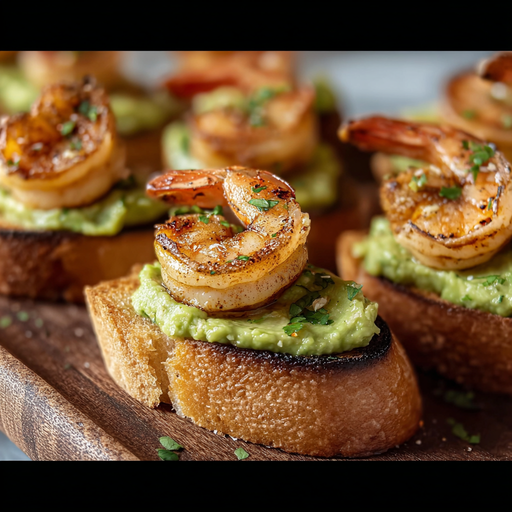 Finished shrimp crostini on a serving board