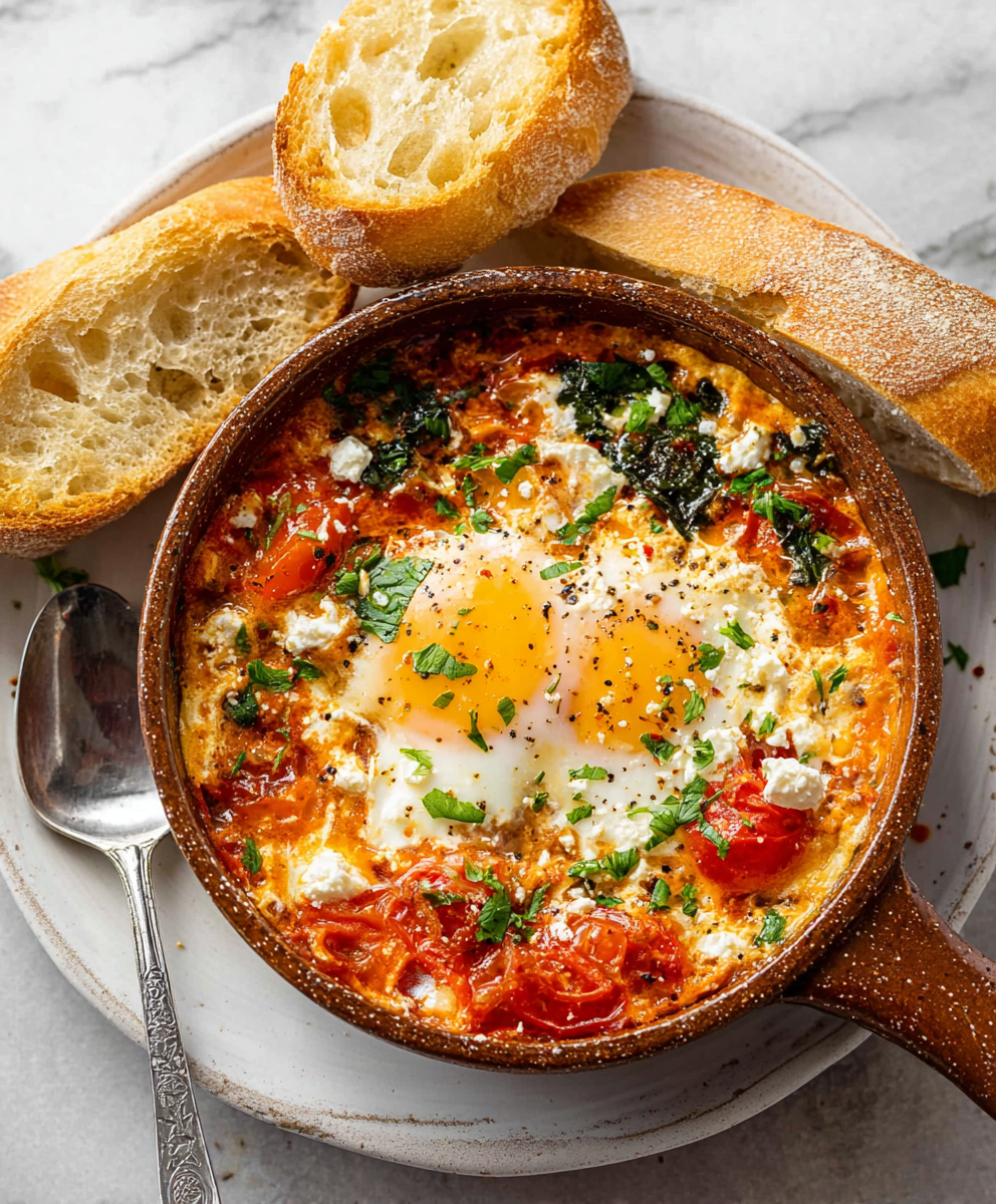 Baked feta with tomatoes and herbs in a baking dish