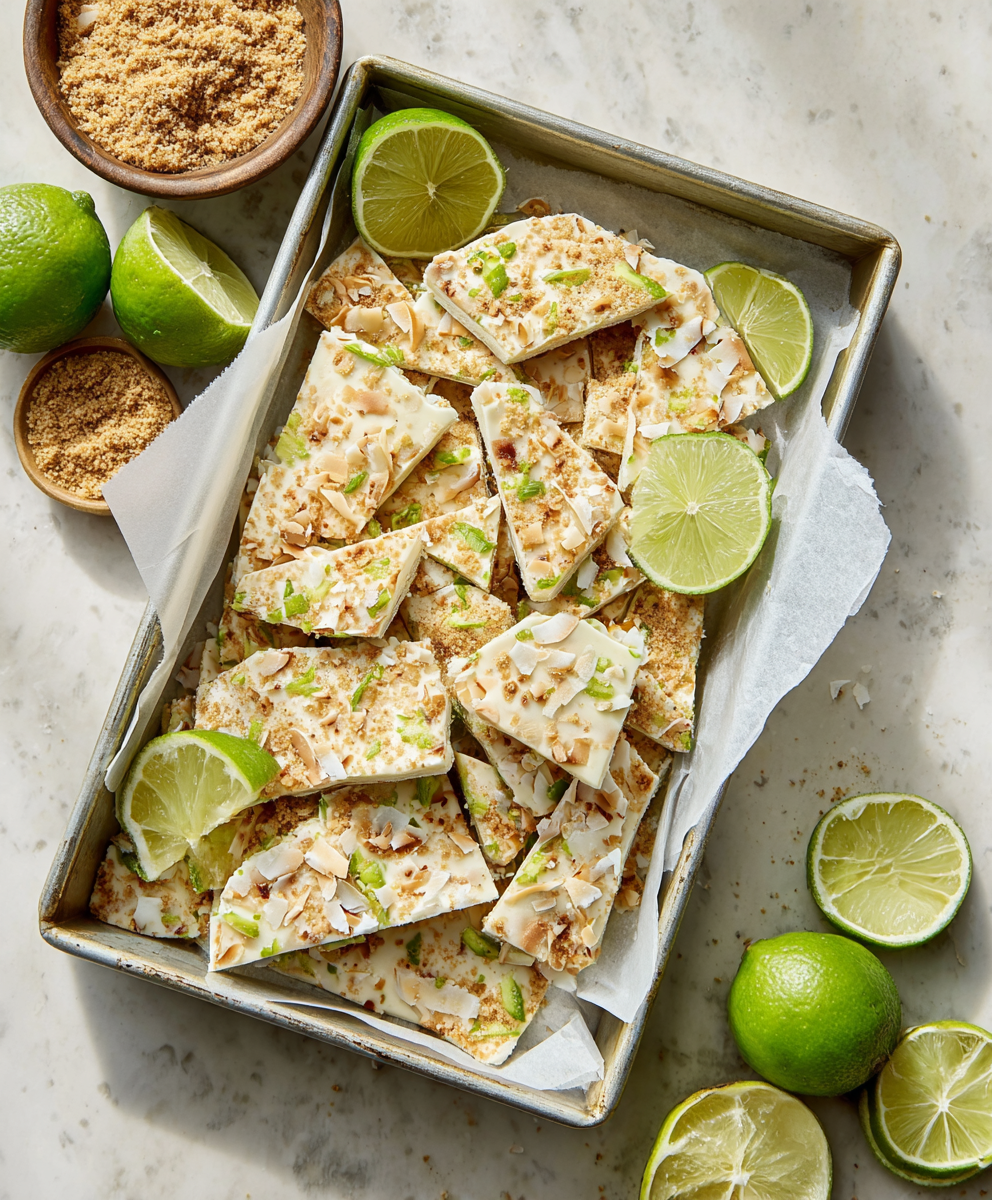 Key Lime Pie Yogurt Bark on parchment with crumbs
