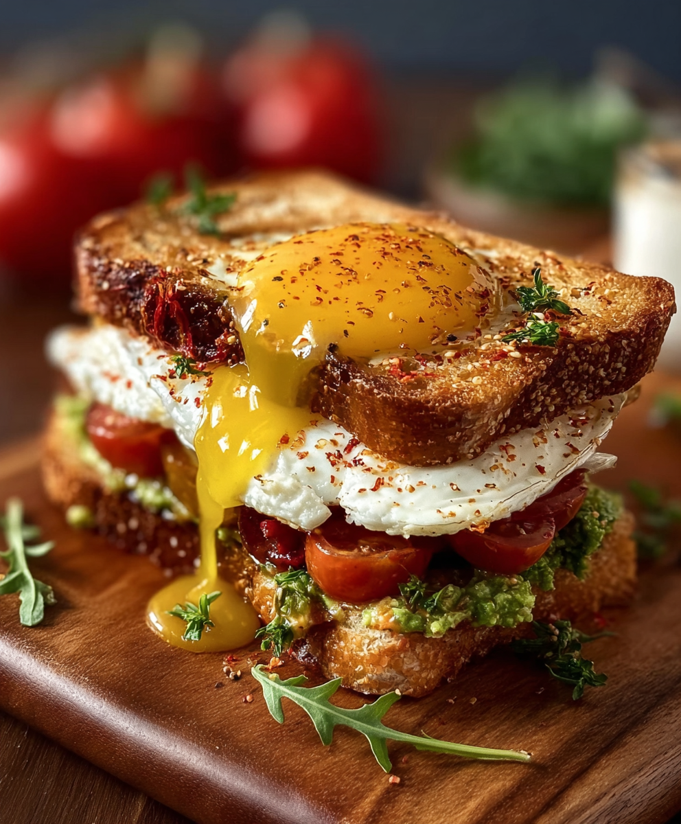 Close-up of sandwich layers: avocado, spinach, feta and egg