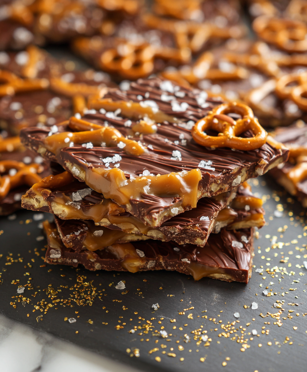 Close-up of broken chocolate bark with pretzels