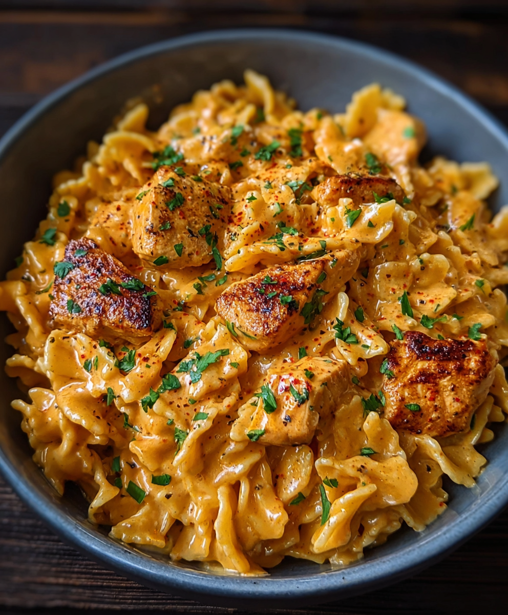 Cowboy Butter Chicken Pasta skillet close up