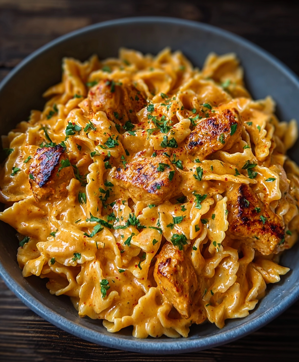 Plated Cowboy Butter Chicken Pasta garnished with parsley