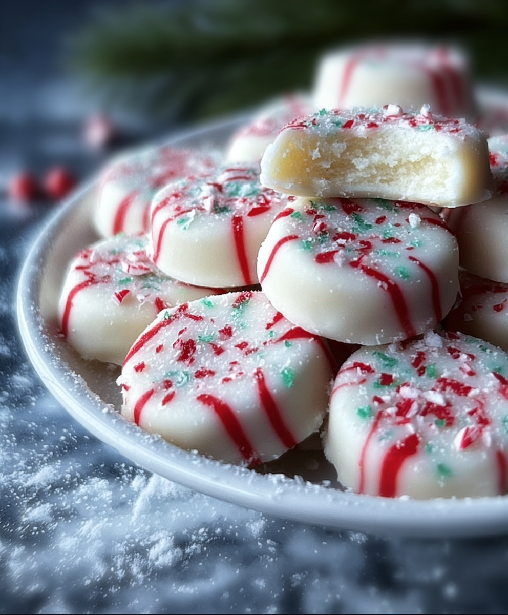 Close-up of a peppermint meltaway with crushed candy garnish