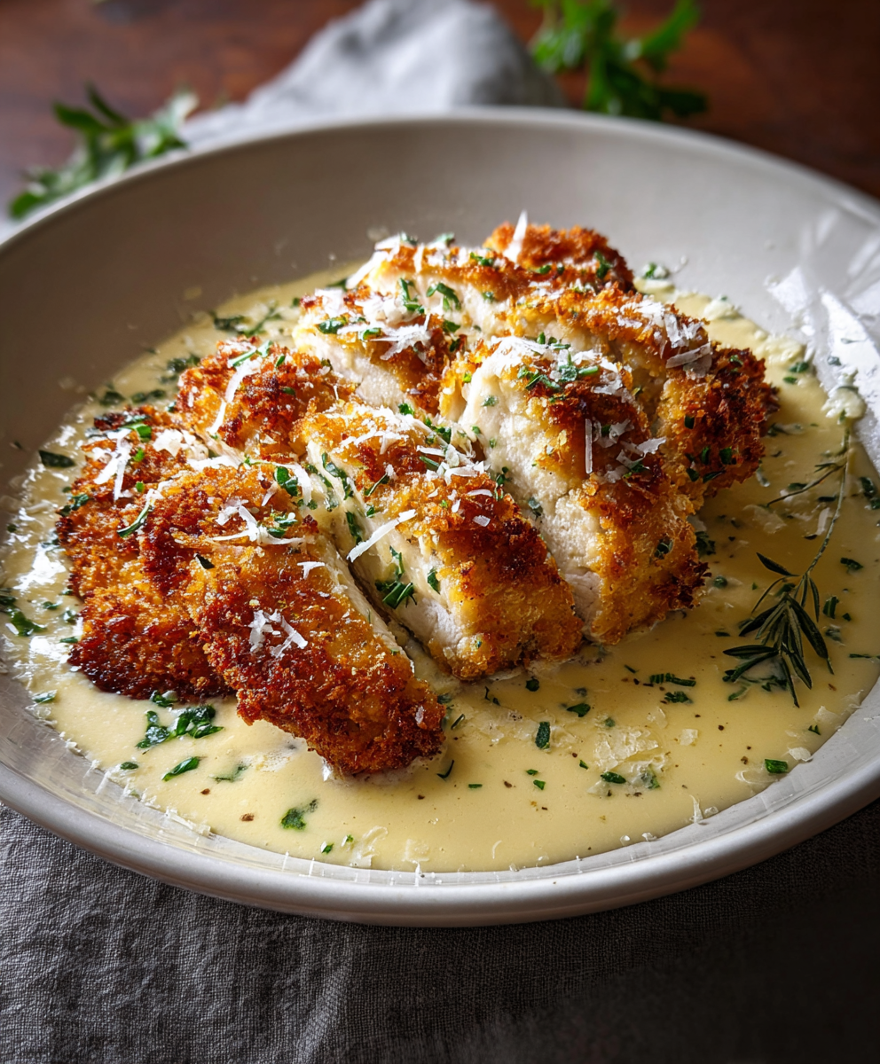 Crispy Parmesan Chicken with Garlic Cream Sauce
