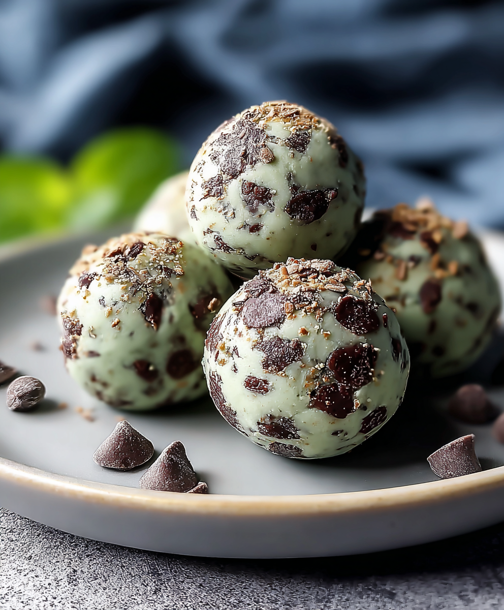 Close-up of a mint chocolate chip protein ball