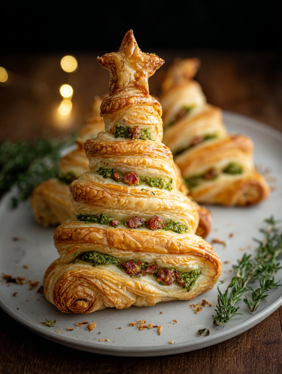 Close-up of twisted pesto cheesy puff pastry branches