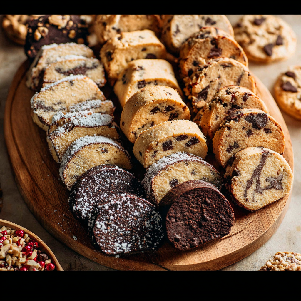 Assortment of slice-and-bake cookie logs being sliced