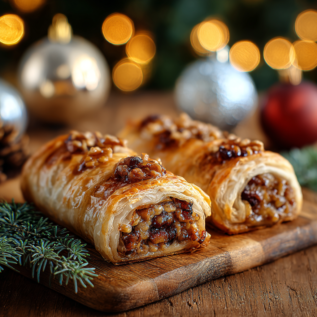 Freshly baked Christmas sausage rolls on a wooden board
