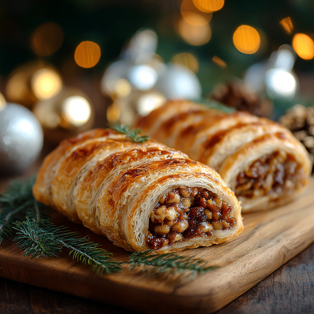 Cut Christmas sausage rolls on parchment