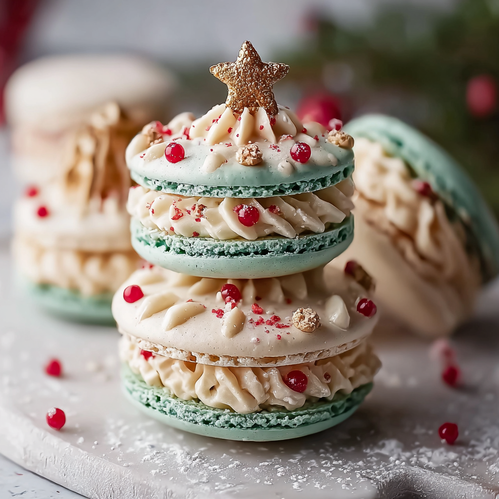 Close-up of green tree-shaped macarons on a tray