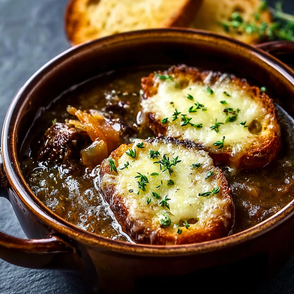 Gruyère toasts bubbling under broiler