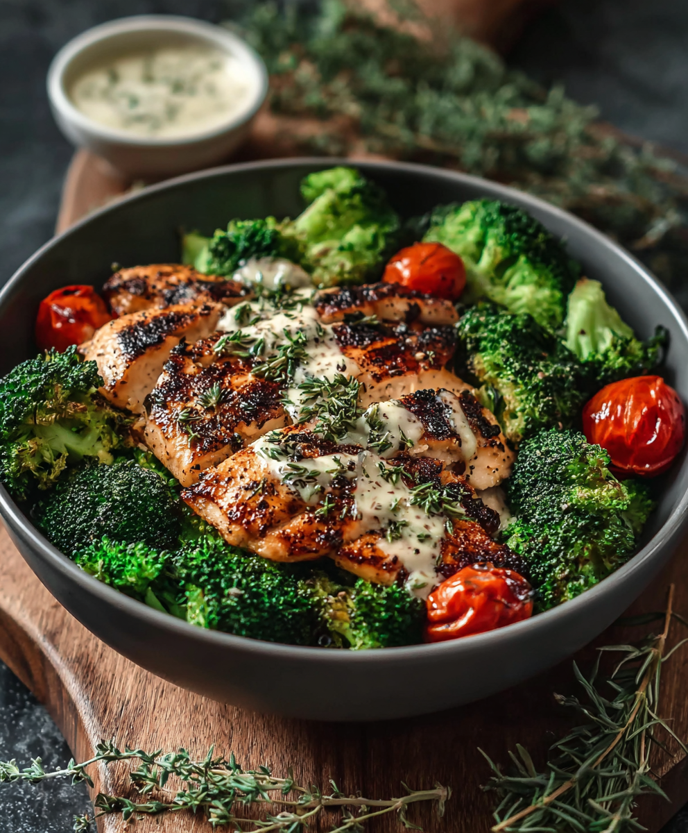 Close-up of roasted broccoli and sliced chicken
