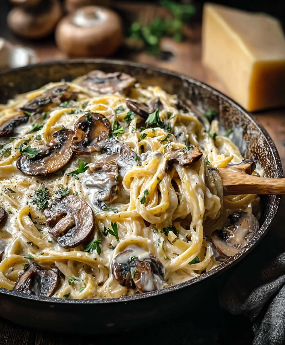Creamy mushroom gruyere pasta in a skillet