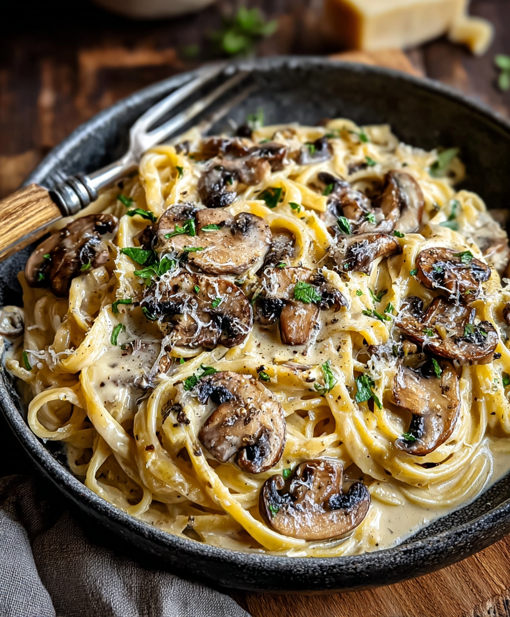 Close up of shredded gruyere and mushrooms next to cooked pasta