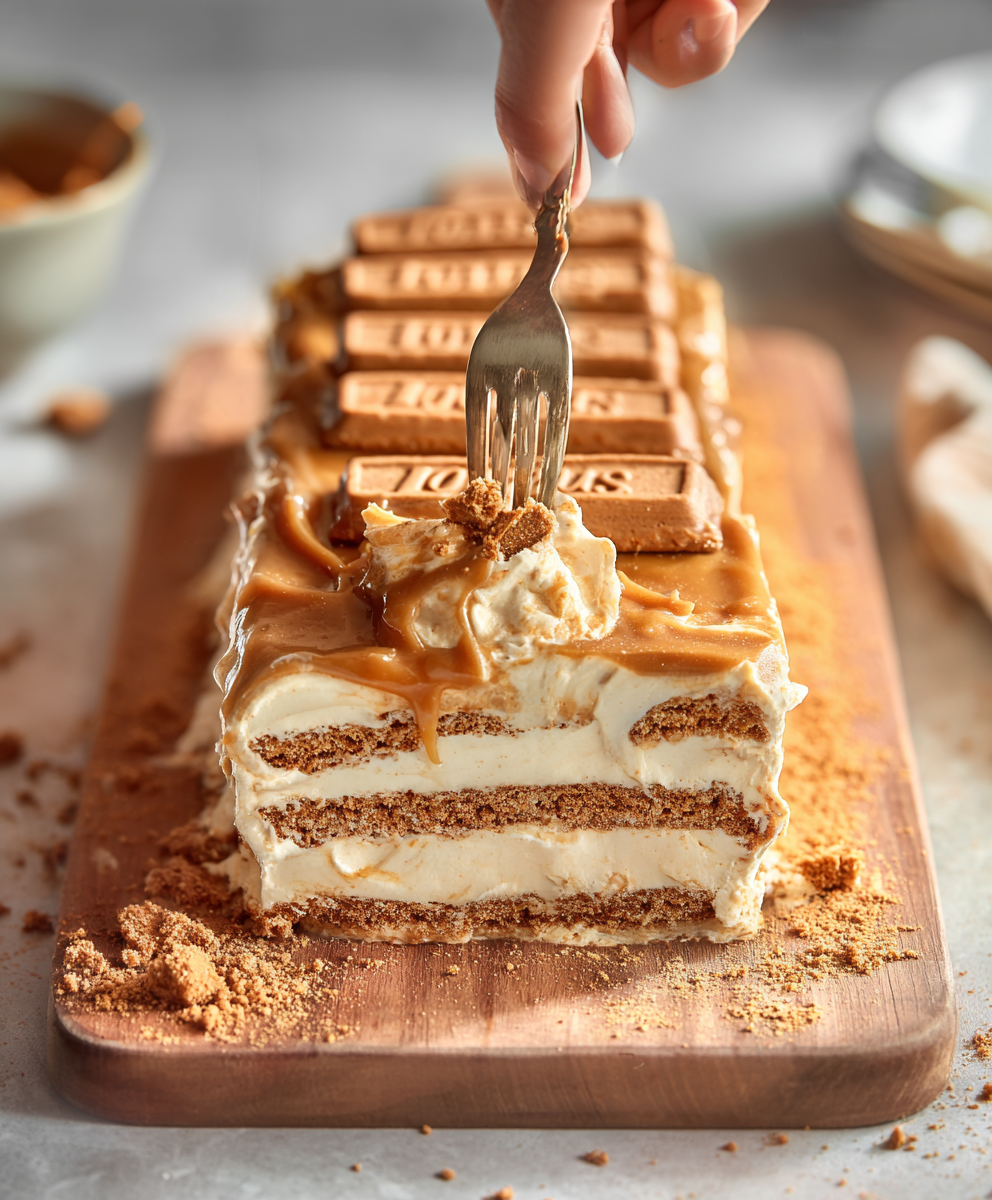 Layered Biscoff icebox cake in loaf pan