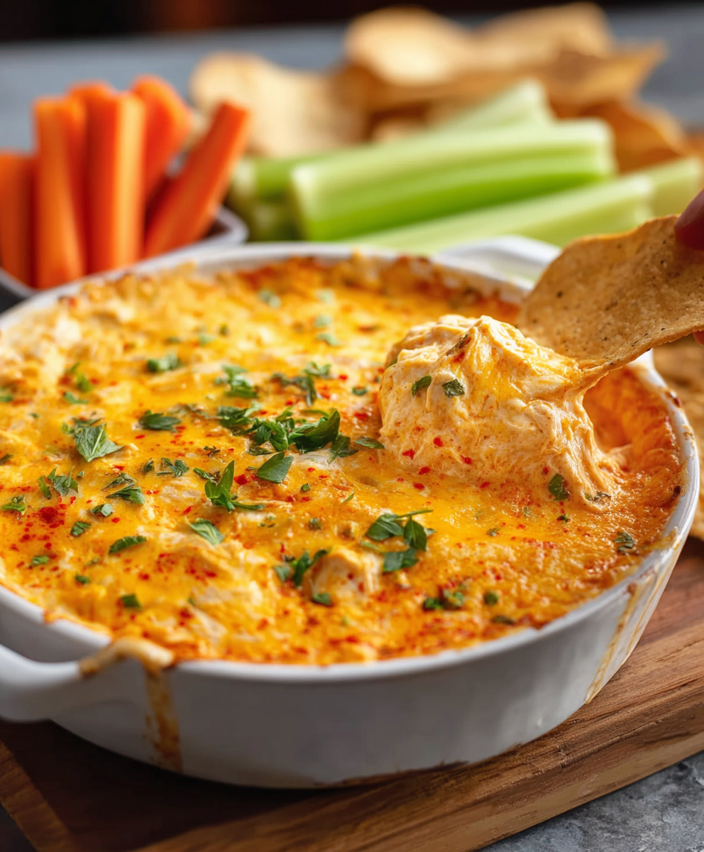 Buffalo chicken dip bubbling in a baking dish