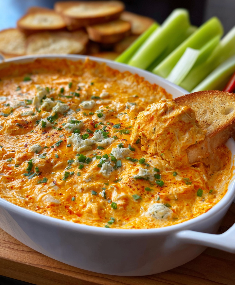 Creamy buffalo chicken dip served with chips and celery