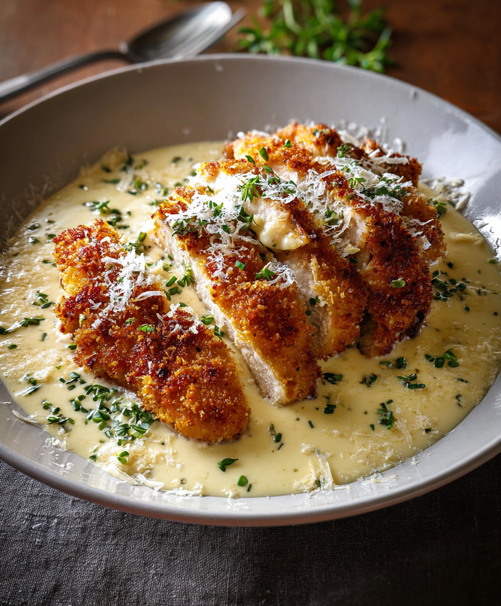 Plated parmesan crusted chicken with cream sauce and parsley garnish