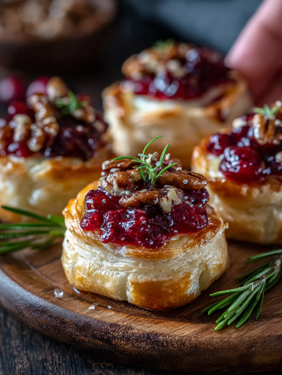 Mini puff pastry cups filled with brie and cranberry