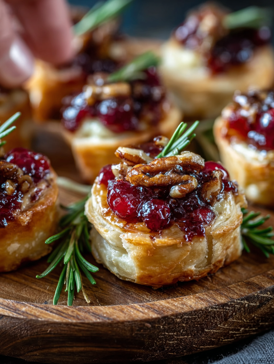 Close-up of baked cranberry brie bite with rosemary
