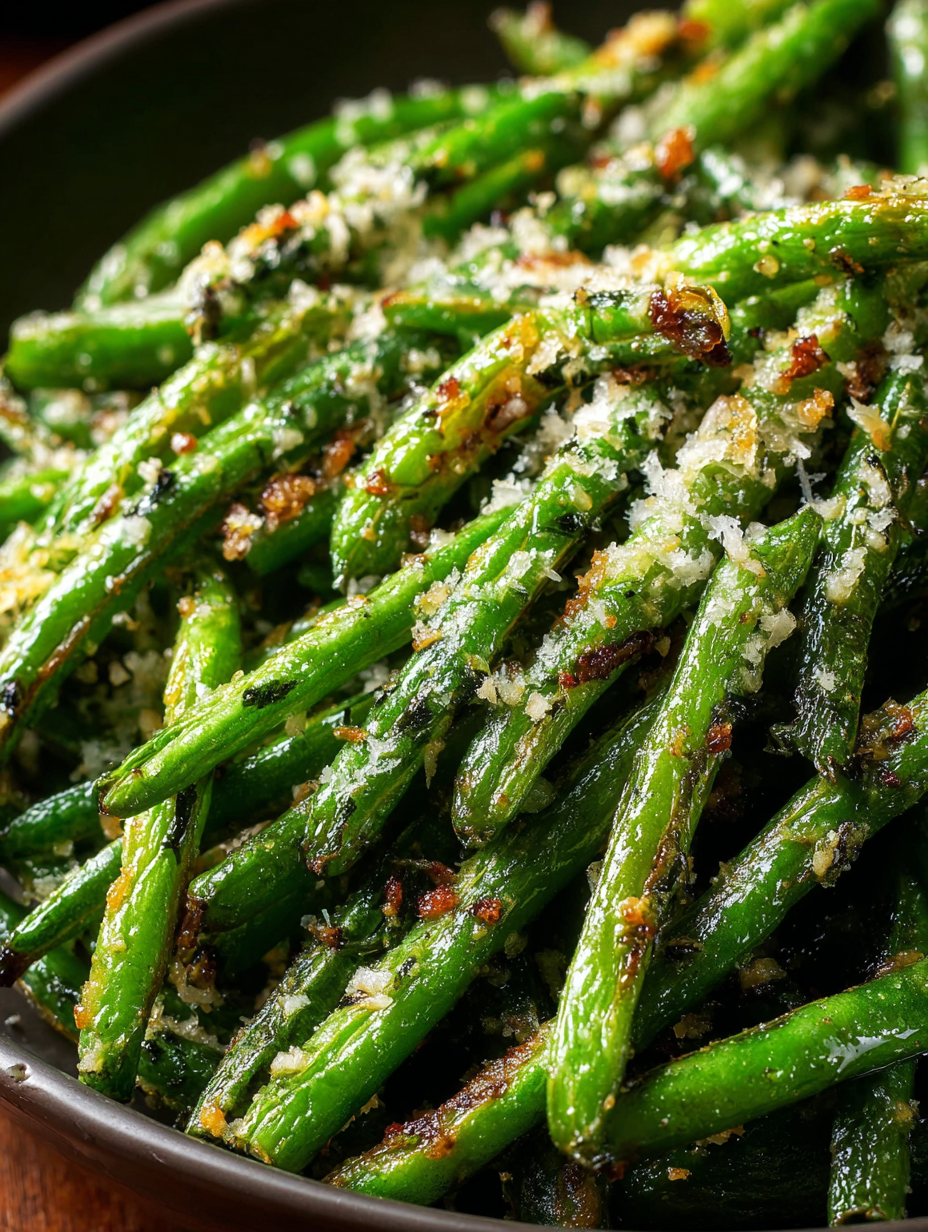 Roasted green beans on a baking sheet with Parmesan