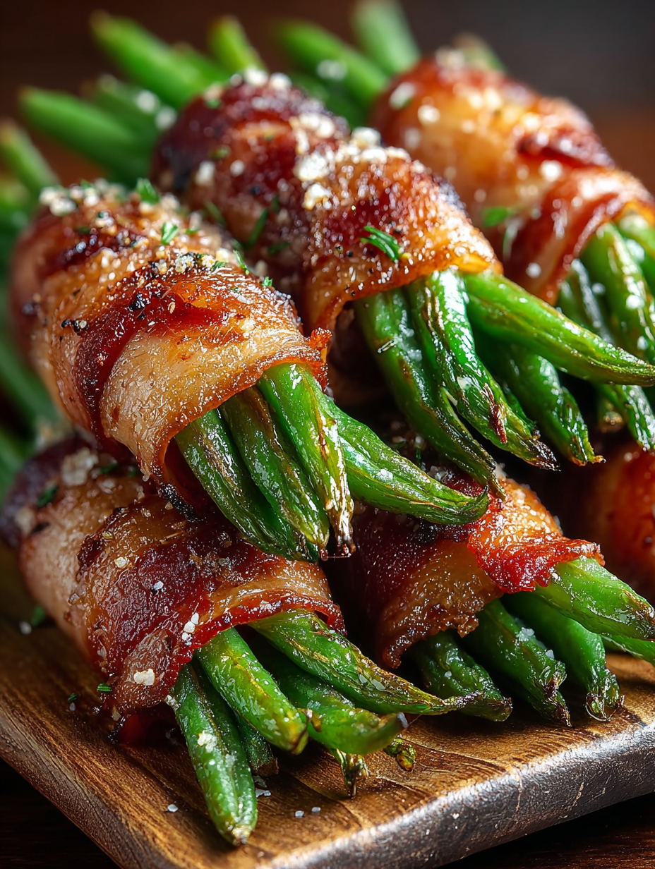 Bacon-wrapped green bean bundles on baking sheet