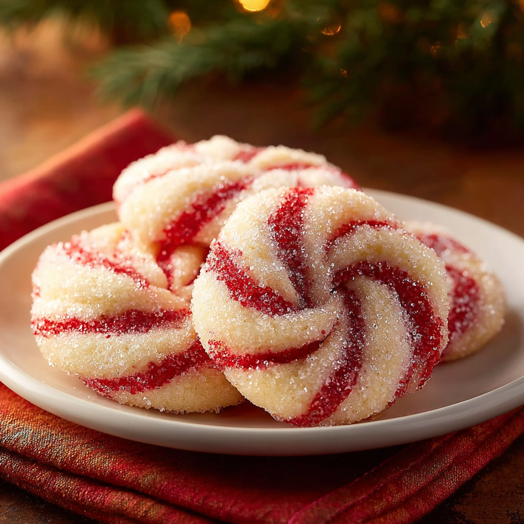 Close-up of peppermint swirl cookies on a baking sheet