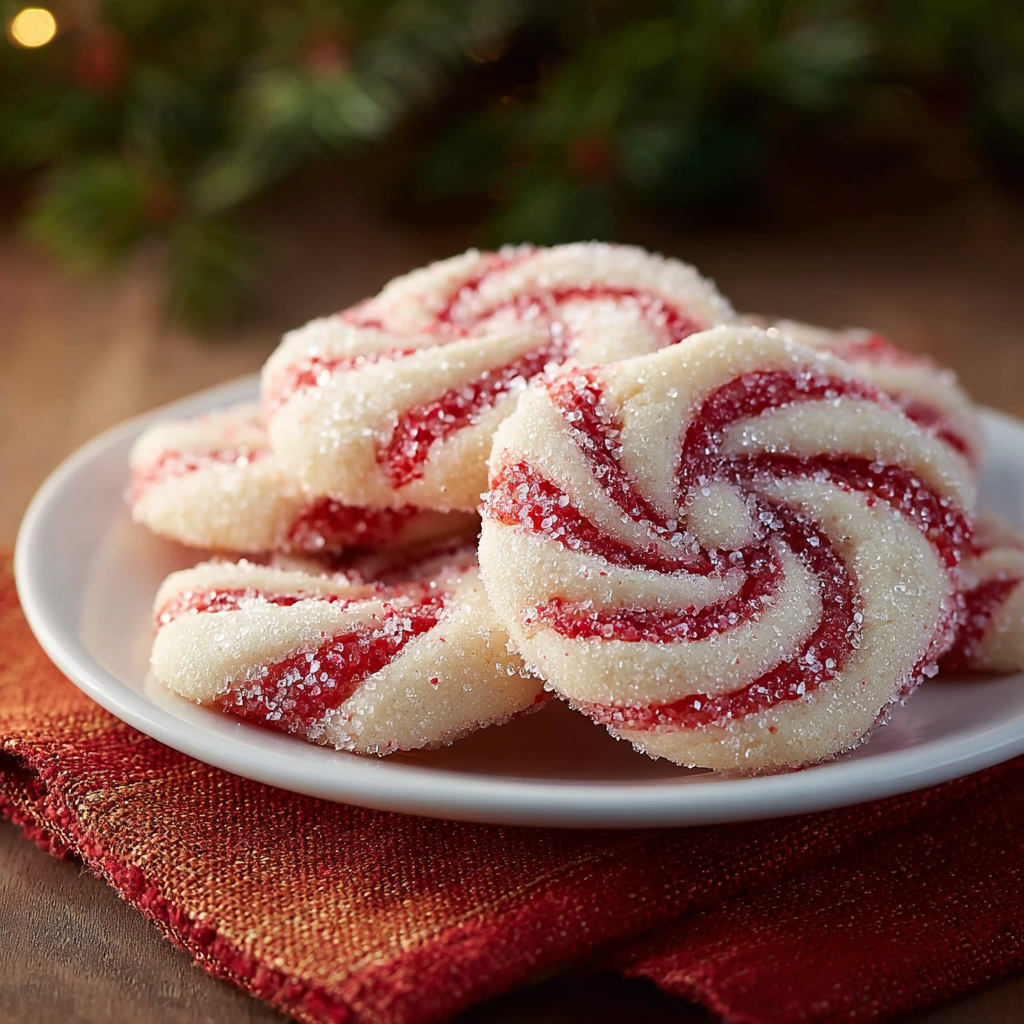Stack of peppermint swirl cookies tied with string for gifting