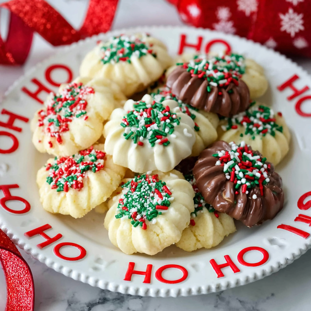 Piped butter cookie swirls on a baking sheet